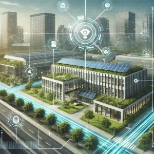 DALL·E 2024-11-16 13.07.36 - An image showcasing a futuristic smart building with advanced technology, including solar panels, energy-efficient systems, and a modern security surv